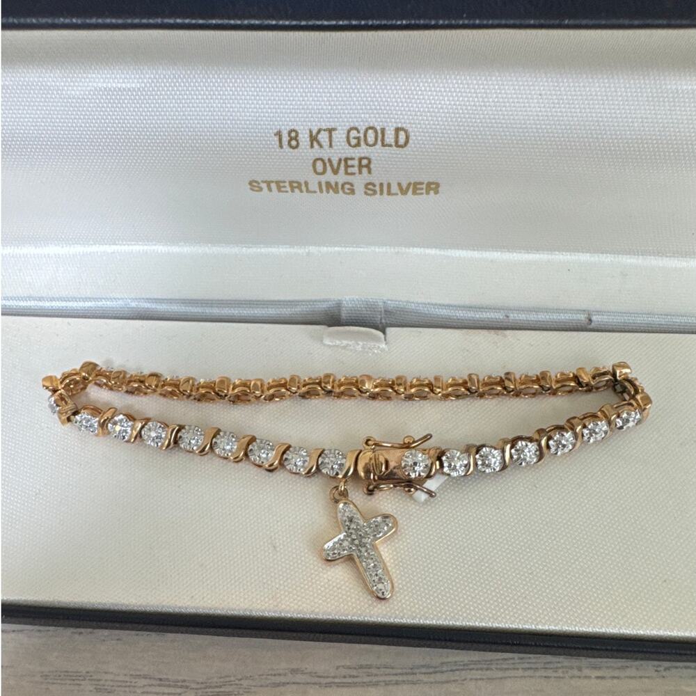 18 Karat Gold Over Sterling Silver Diamond Accent Tennis Bracelet Dangling Cross